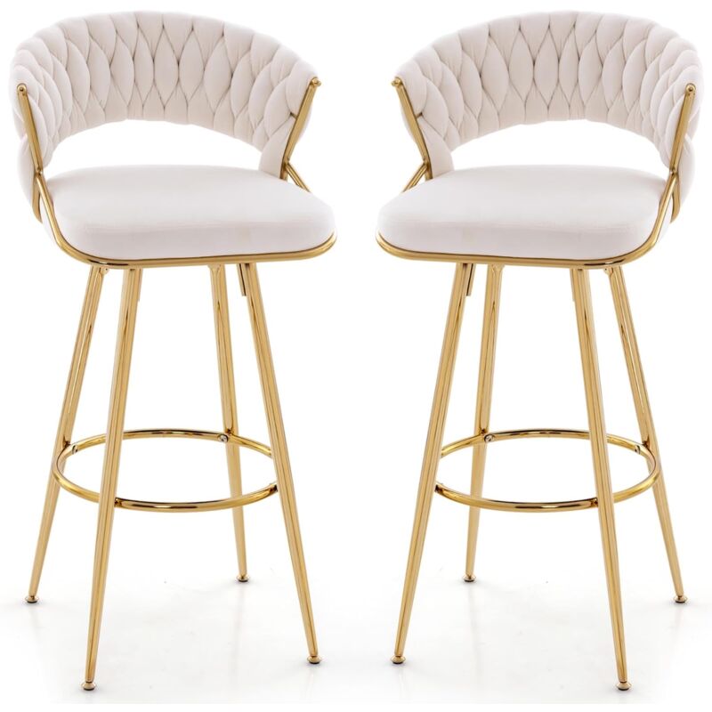 RELAX4LIFE Lot de 2 Tabourets de Bar, Repose-Pieds Cercle, Cadre en Métal Doré, Chaise Rembourrée avec Coussinets de Pieds Réglables, Assise 73 cm,