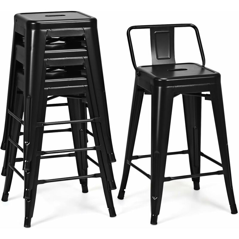 RELAX4LIFE Lot de 4 Tabouret de Bar avec Dossier Amovible, Chaise de Bar Empilable en Métal avec Repose-Pieds, Tabouret Haut Tolix, Assise 62 CM,