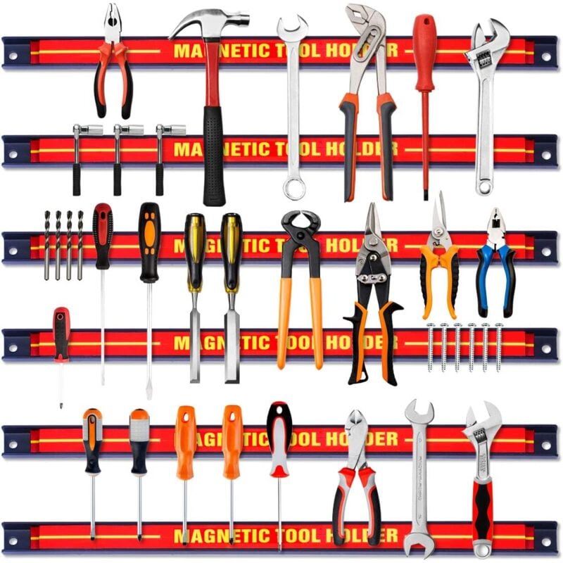 Relax4life - Lot de 6 Barres Magnétiques pour Outils, Installation Facile Design Industriel, 46x2,4x1,3CM, Charge Max 10KG pour Chaque Barre, Rouge