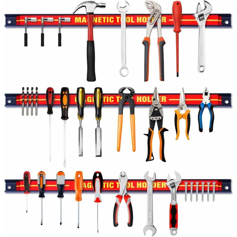 Relax4life - Lot de 3 Barres Magnétiques pour Outils, Installation Facile Design Industriel, 46x2,4x1,3CM, Charge Max 10KG pour Chaque Barre, Rouge