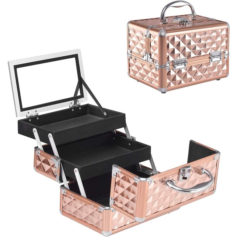 Relax4life - Mallette à Maquillage avec Miroir et Séparateurs Réglables 2 Plateaux, Boîte à Cosmétiques Portable pour Bijoux avec Une poignée