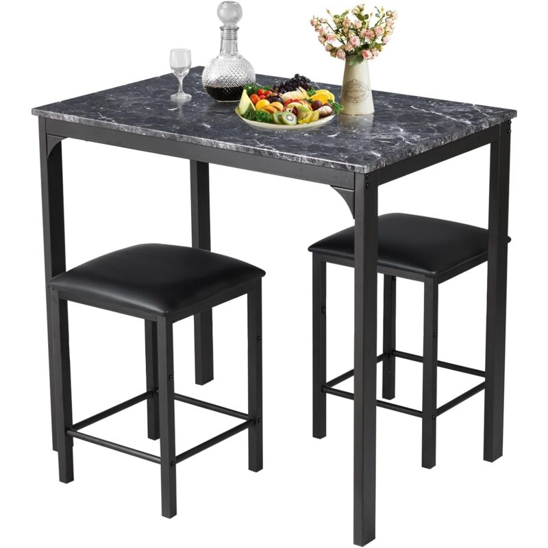 RELAX4LIFE Mange-Debout Industriel avec 2 Tabourets Hauts, Table Haute Cuisine, Table Bar Cuisine Compacte avec Plateau en Faux Marbre pour Cuisine