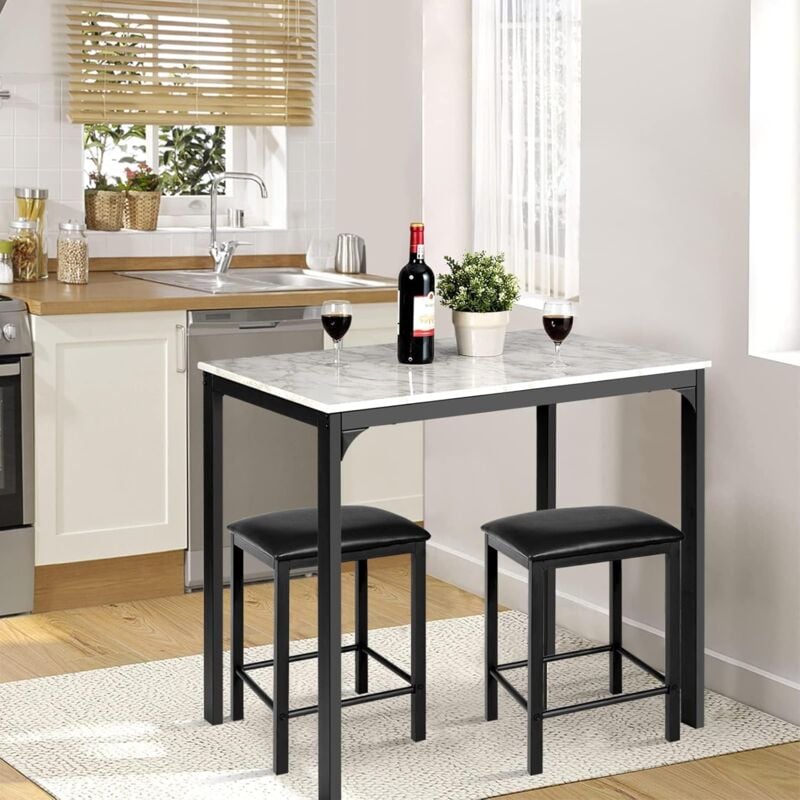 Relax4life - Mange-Debout Industriel avec 2 Tabourets Hauts, Table Haute Cuisine, Table Bar Cuisine Compacte avec Plateau en Faux Marbre pour Cuisine