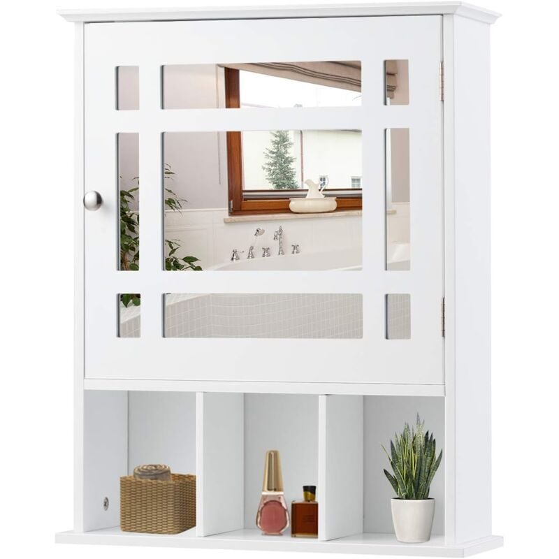 Meuble Mural de Salle de Bain avec Miroir et Étagère Réglable, Meuble de Toilette 1 Porte avec 3 Compartiments Ouverts, Charge jusqu'à 43 kg, 50 x 16