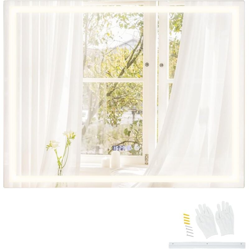 Relax4life - Miroir de Salle de Bain led Rectrangulaire 90x70 cm avec Eclairage Tricolore, Luminosité Réglable, Miroir Connecté Salle de Bain Etanche