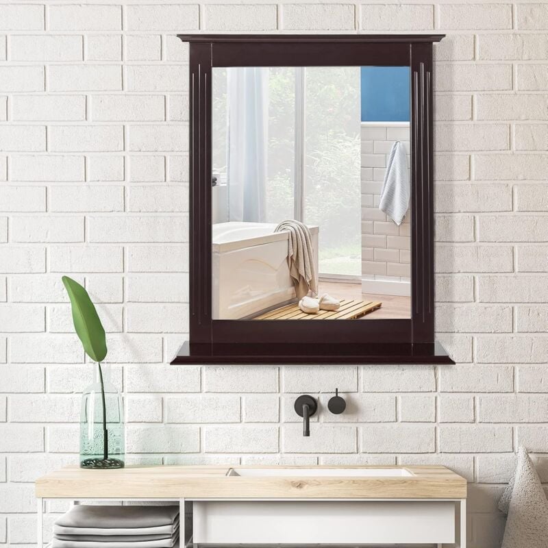 Relax4life - Miroir Salle de Bain avec Tablette de Rangement, Miroir Mural Rectrangulaire Imperméable avec Cadre en Bois, Facile à Monter pour Salon