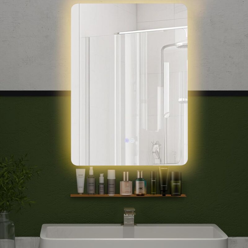 Relax4life - Miroir led Salle de Bain 70x50 cm avec Étagère, Miroir Salle de Bain avec Eclairage 3 Couleurs, Luminosité Réglable, Miroir Lumineux