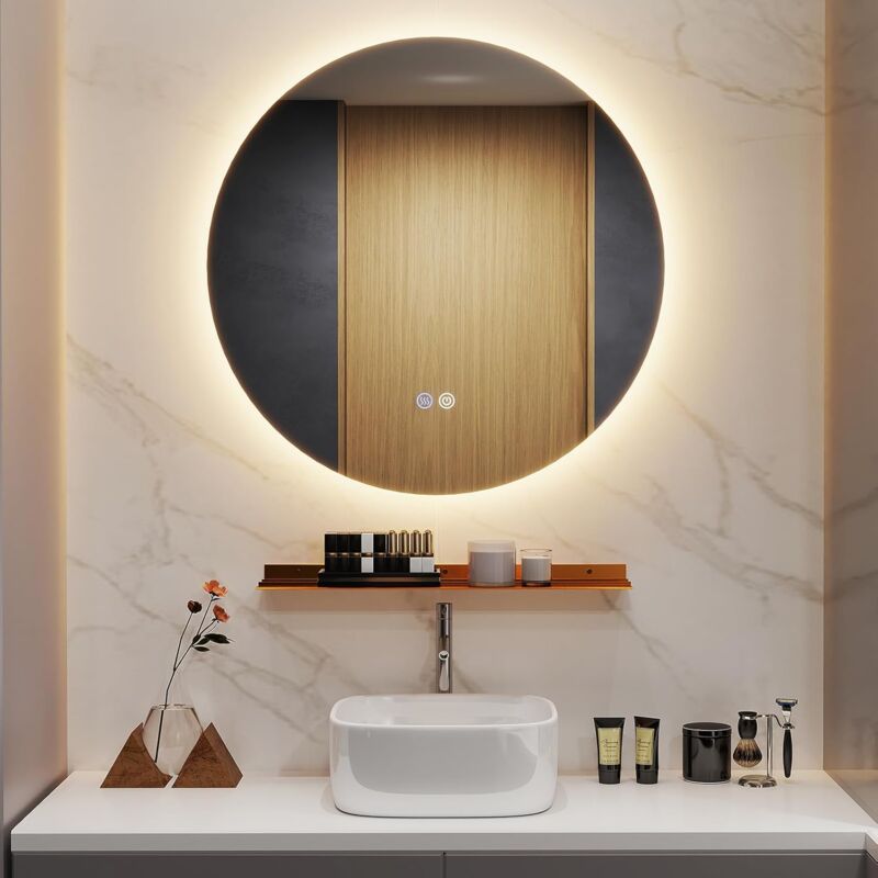 Relax4life - Miroir led Salle de Bain Rond 60 cm avec Étagère, Miroir Salle de Bain avec Eclairage 3 Couleurs, Luminosité Réglable, Miroir Lumineux