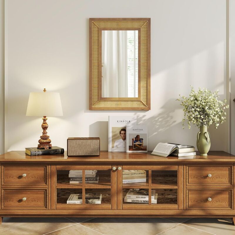 RELAX4LIFE Miroir Mural Rectangulaire 90X60 CM, Miroir Rotin Mural avec Cadre en Bois, Tissage Exquis, Reflexion HD, Miroir Mural Déco Bohème,