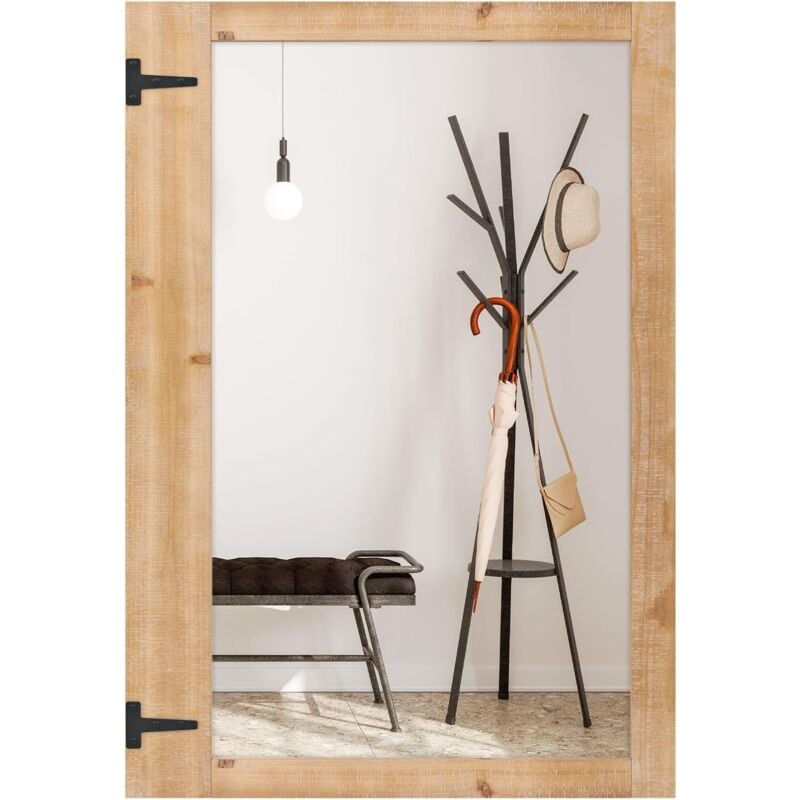 Relax4life - Miroir Mural Rectangulaire, Miroir Bois Mural, Cadre en Sapin Naturel, Crochets en Métal, Miroir Décoratif Rustique, Montage