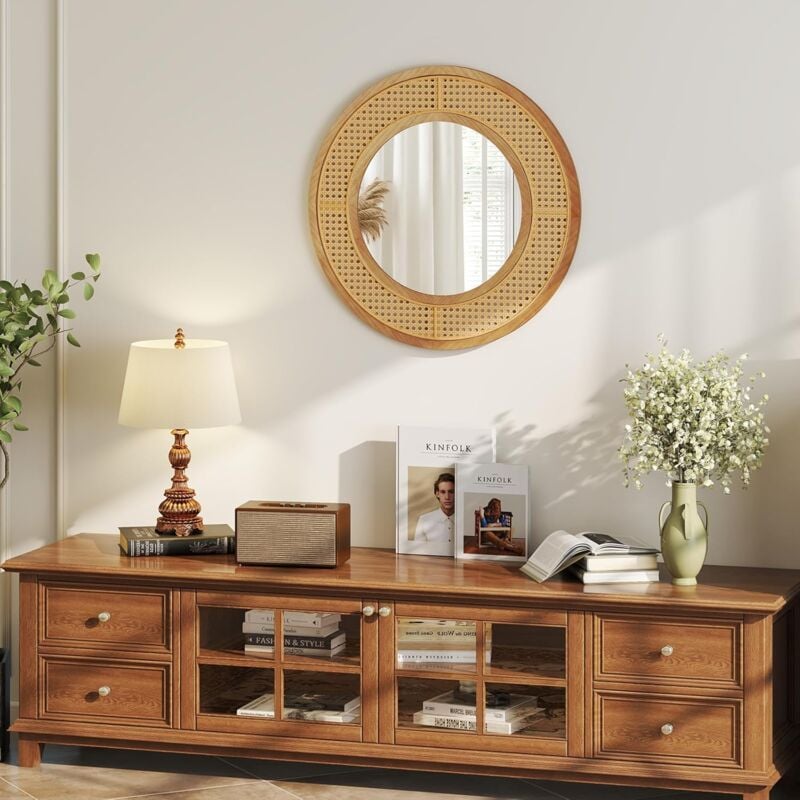 Relax4life - Miroir Rond Bois 65 cm, Miroir Rotin Mural avec Cadre en Bois, Tissage Exquis, Reflexion hd, Miroir Mural Déco Bohème, Crochet