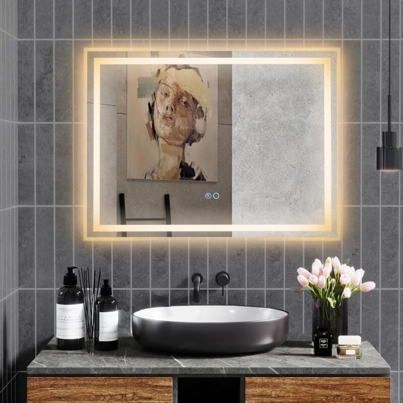 Miroir Salle de Bain 80x60 cm avec Eclairage 3 Couleurs, Luminosité Réglable, Miroir led Salle de Bain Antibué, Miroir Salle de Bain Lumineux avec