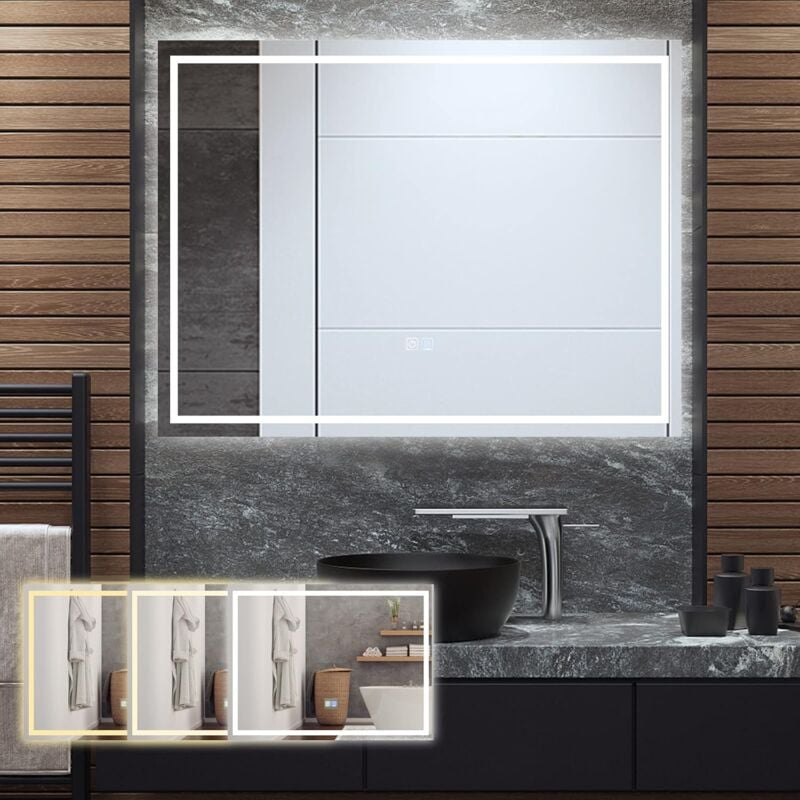 Relax4life - Miroir Salle de Bain led avec Désembuage Anti-buée et Bouton Tactile, 3 Couleurs led et Lumiosité Réglable 3000-6000k, Miroir Mural