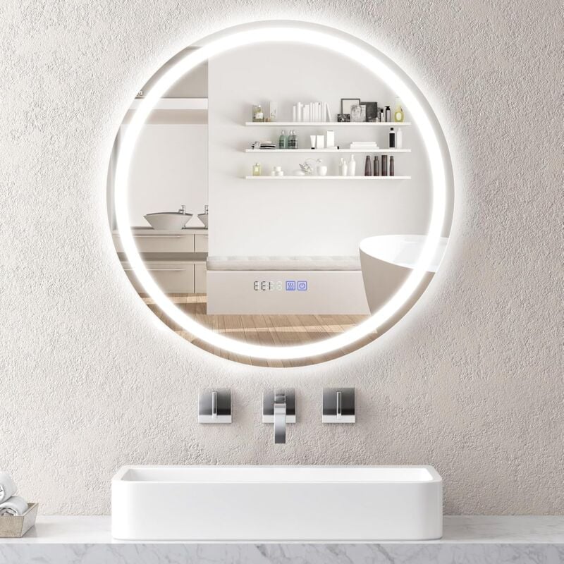 Relax4life - Miroir Salle de Bain Rond φ60 cm avec Éclairage led 3000-6000K & Luminosité Réglable, Miroir Mural Salle de Bain Anti-Buée avec Écran