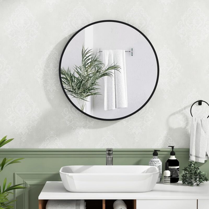 RELAX4LIFE Miroir Salle de Bain Rond φ 61 CM, Miroir Mural Rond avec Film Antidéflagrant, Cadre Fin en Métal, Vis d'Expansion, Grand Miroir HD pour