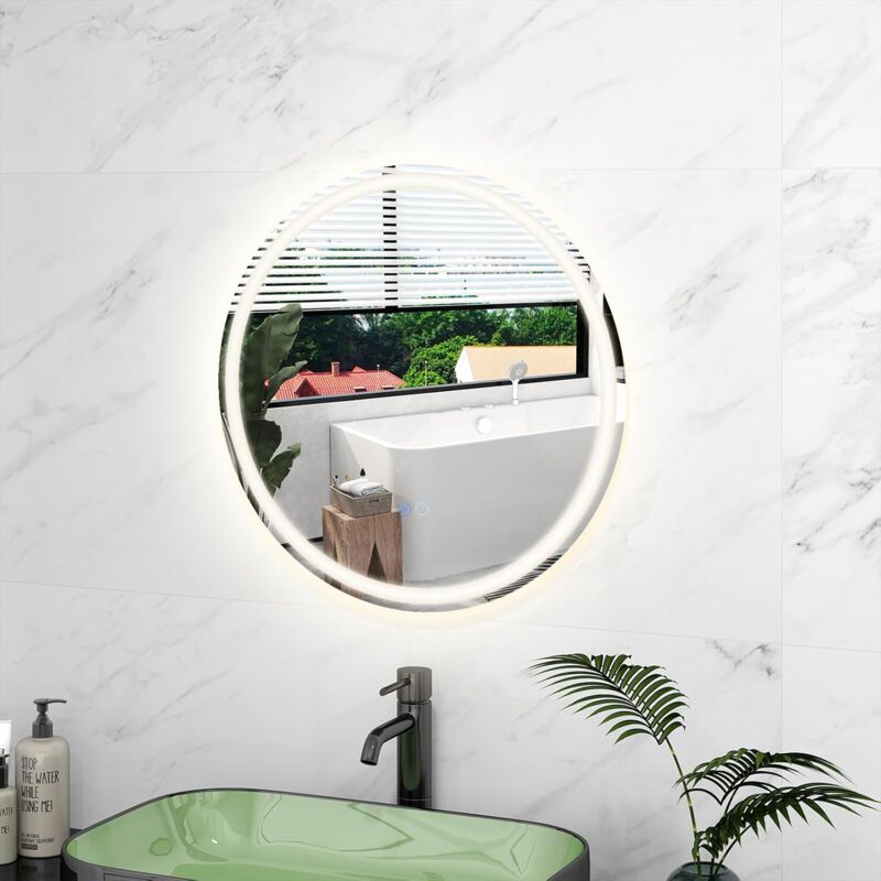 RELAX4LIFE Miroir Salle de Bain Rond avec Eclairage 3 Couleurs, Luminosité Réglable, Miroir LED Salle de Bain Antibué, Miroir Rond Salle de Bain