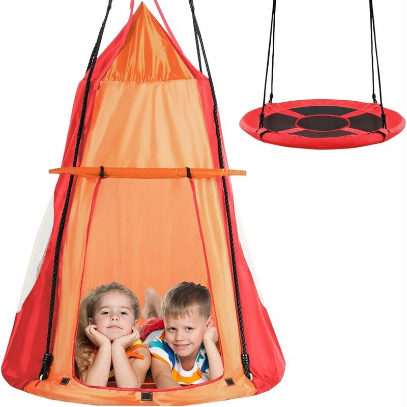 Relax4life - Nid de Balançoire pour Enfants φ100cm Extérieure avec Tente Anti-UV, Tente Balançoire Ronde Réglable en Hauteur de 100 à 160 cm,