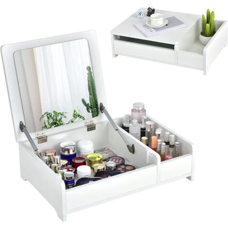 RELAX4LIFE Organisateur de Maquillage Mini Coiffeuse 60x40cm avec Miroir à Rabat 35x35cm, Rangement Maquillage sur Table pour Chamre Vestiaire (Blanc)