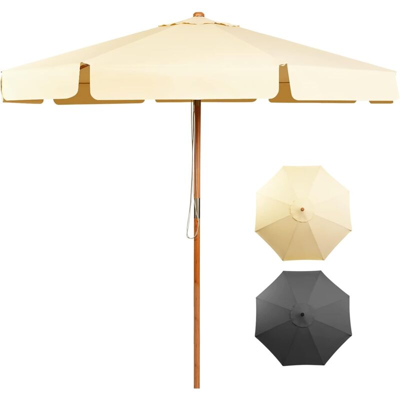 Relax4life - Parasol à 8 Baleines en Bois Ø300cm Inclinable avec Bouton-Poussoir, Ombrelle avec Lambrequin en Tissu Polyester Imperméable et Anti-UV