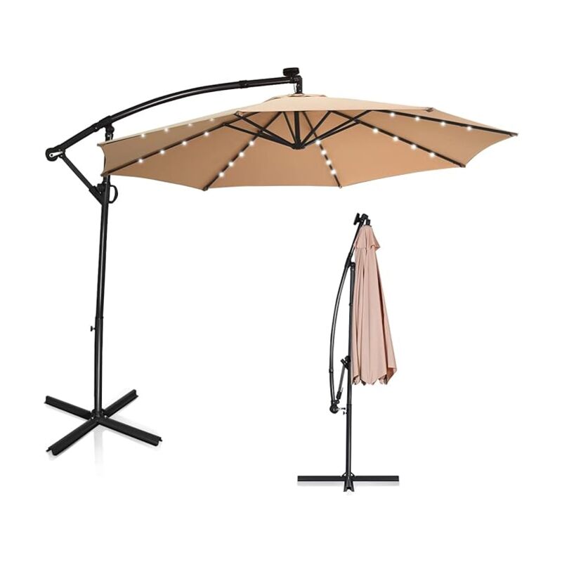 Relax4life - Parasol de Jardin 300 cm, Parasol 360° Rotatif avec 32 Lumières, Manivelle & 8 Baleines, Protection uv, Hauteur & Angle Réglables, Beige