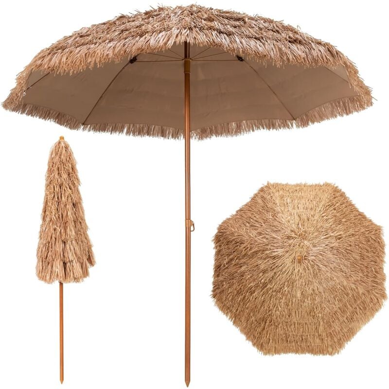 Relax4life - Parasol de Plage en Chaume à 7 Couches, ø 205 cm, Parasol de Jardin Extérieur en Paille, Style Hawaïen, avec 8 Baleines Métalliques,