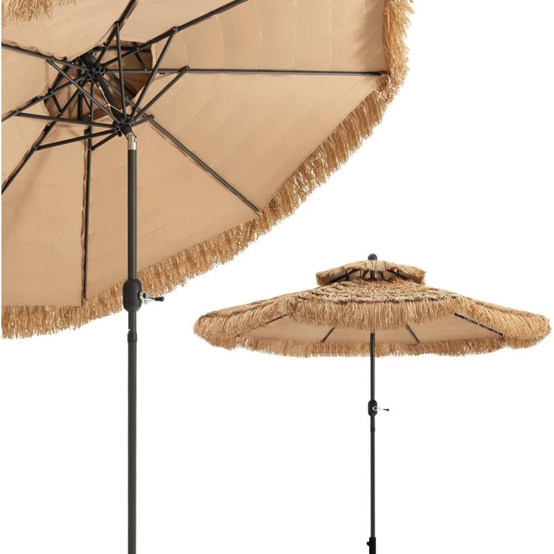 Relax4life - Parasol de Plage Hawaï Tropicale Inclinaison Réglable, Parasol de Paille 8 Baleines Mât en Fer Double Toit pour Plage/Patio/Piscine,