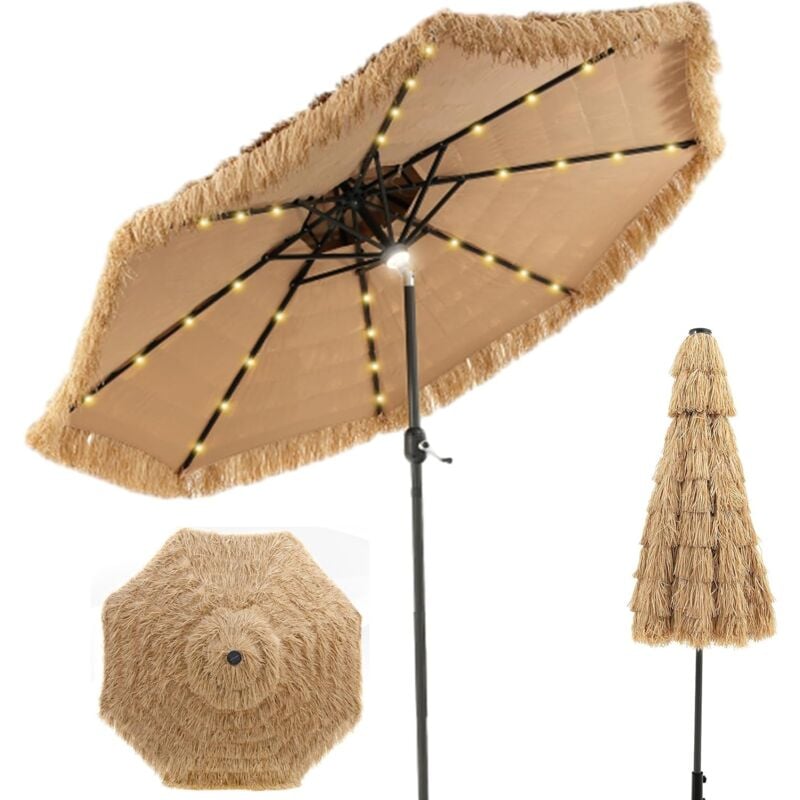 Relax4life - Parasol de Plage Hawaï Tropicale led Φ282, Parasol de Jardin Extérieur en Paille avec 8 baleines, Parasol Inclinable Double Toit