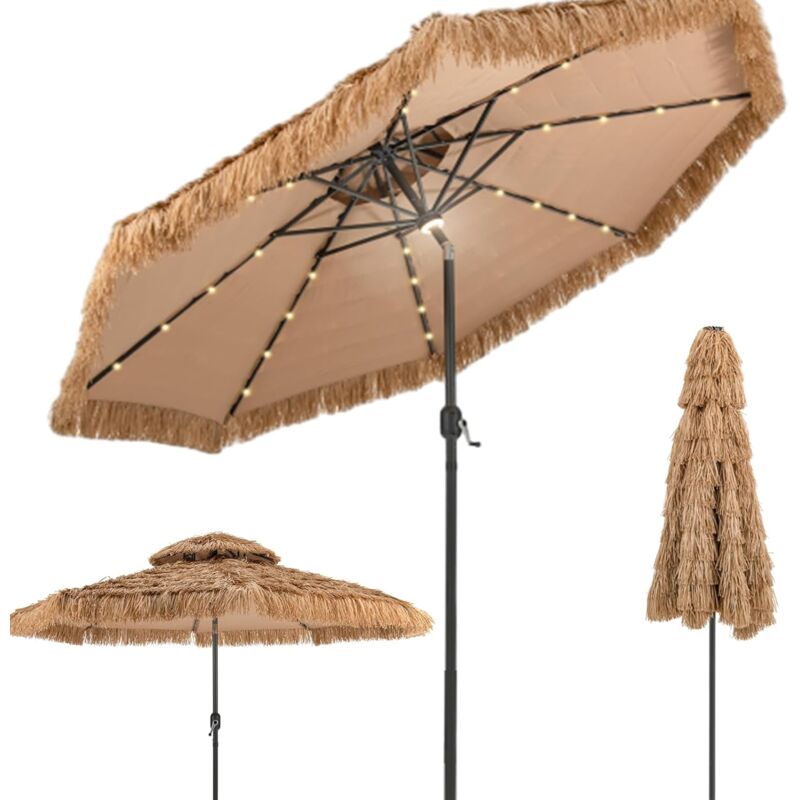 Relax4life - Parasol de Plage Hawaï Tropicale led Φ308, Parasol de Jardin Extérieur en Paille avec 8 baleines, Parasol Inclinable Double Toit