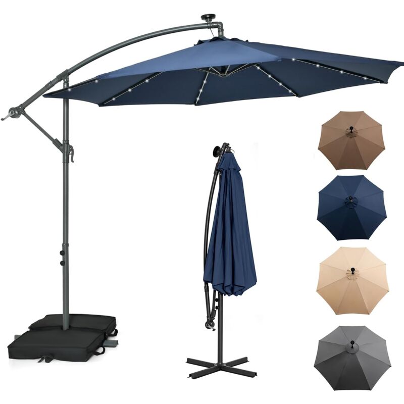 Relax4life - Parasol Déporté 3x3M led à Énergie Solaire, Parasol de Jardin Extérieur avec Pied Incus, Parasol Inclinable Imperméable à 8 Baleines,