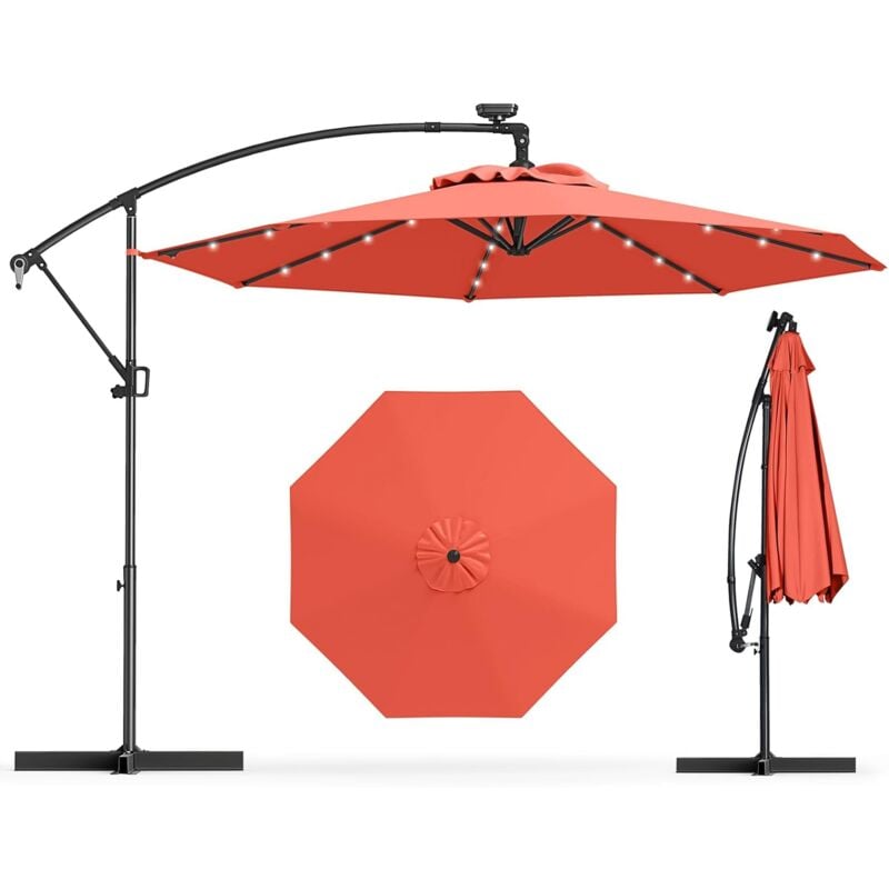 RELAX4LIFE Parasol Dépoté Rotatif Ø 3M avec LED Solaires, Parasol de Jardin Extérieur Inclinable Pivotant à 360°avec Inclinaison Réglable et