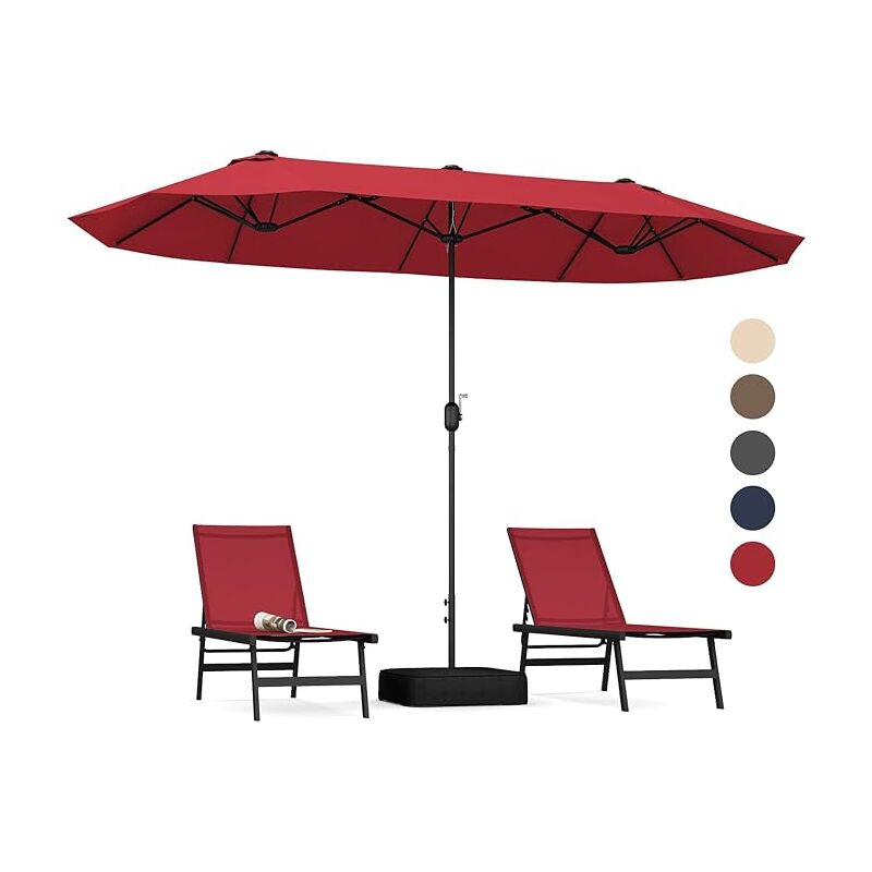 Parasol Double avec Lumière et Base, Parasol 4 x 2 x 2,4 m avec Manivelle pour Jardin/Patio/Marché, Protection Solaire, Vin Rouge - Relax4life