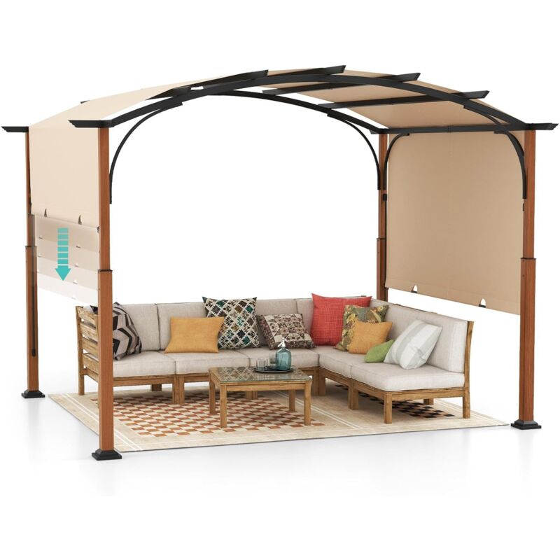 RELAX4LIFE Pergola Jardin Extérieur 3,6x3 M avec Auvent Rétractable, Tonnelle Pergola Métallique avec Toile Réglable Coulissante, Piquets de Sol,