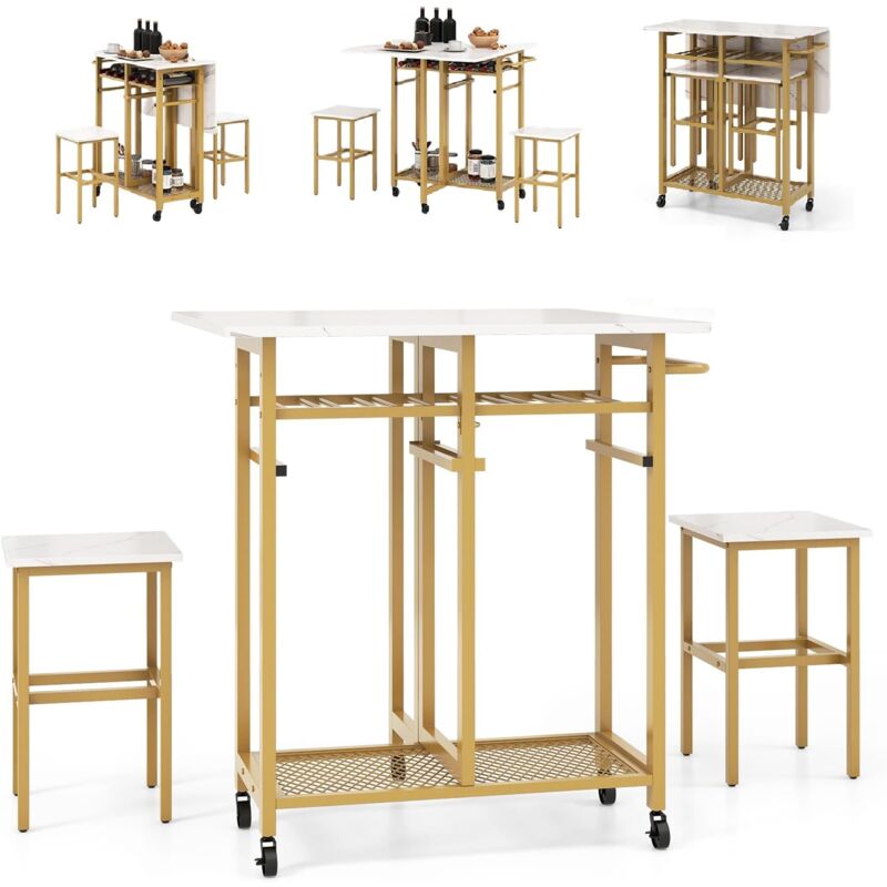 petite table à manger extensible à roulettes, ensemble table et chaises encastrables avec plateau rabattable, porte-bouteilles, étagère, table