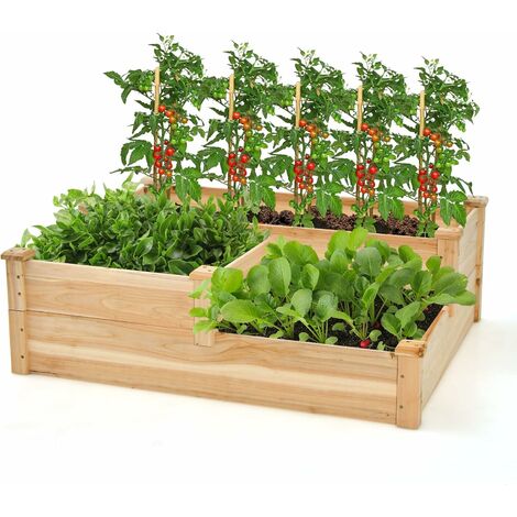 RELAX4LIFE Pflanzkasten Holz, Blumenkasten ohne Bodenplatte, Gartenbeet mit 3 Pflanzzonen, Hochbeet mit 3 Stufen, Pflanzbeet für Gemüse Obst Blumen, Blumenbeet für Garten, 107 × 87 × 37cm