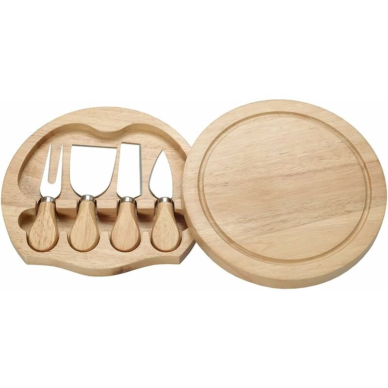 RELAX4LIFE Plateau à Fromage en Bois avec 1 Plateau à Fromage et un Set de 4 Couteaux et Fourchette, Set de Plateau et Couteaux en Bois de Gomme,