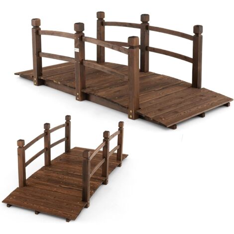 Pont Jardin En Bois Pin GOPLUS - 150x67x55 Cm - Décoratif Pour Étang, Ruisseau - Support 180 Kg - Marron Avec Chaînes