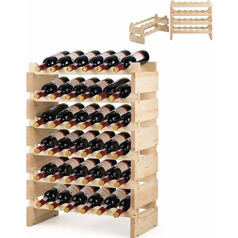 Image of Portabottiglie Autoportante da 36 Bottiglie a 6 Strati, Scaffale Portabottiglie in Legno Massello, Cantinetta Porta Vino Stabile e Resistente con
