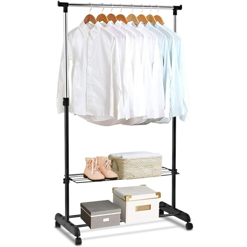 Relax4life - Portant à Vêtements Télescopique en Acier avec 4 Roulettes, Portique de Vêtements Mobile Porte-manteau avec 2 Etagères pour Chaussures