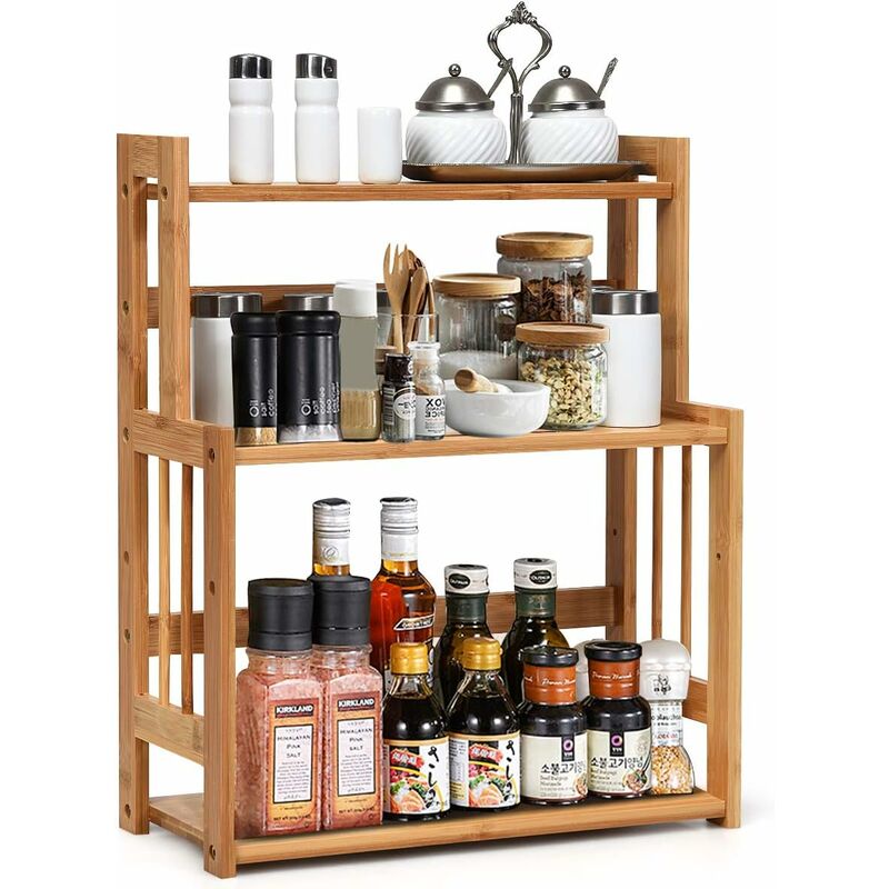 Porte-Épices 3 Niveaux en Bambou avec Tablette Réglable en Hauteur, Étagère à Épices Autoportante Étagere Rangement Cuisine pour Salle de Bain,