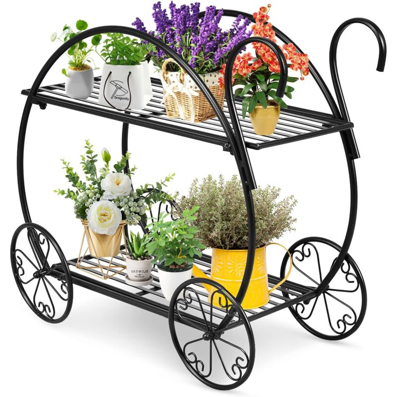 RELAX4LIFE Porte-plantes Interieur à 2 Niveaux, Étagère Plante en Fer Forgé 60x35x66cm, Support Plantes en Forme de Chariot avec Roulettes