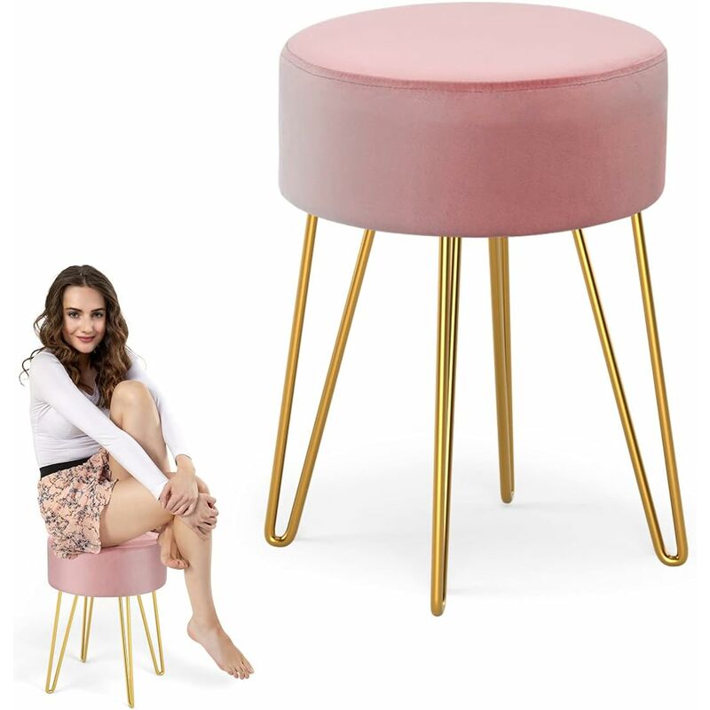 Relax4life - Repose-Pieds Rond en Velours avec Pieds en Métal Doré Style de Luxe Moderne, Tabouret de Coiffeuse rembourrée pour Salon,Chambre,Bureau