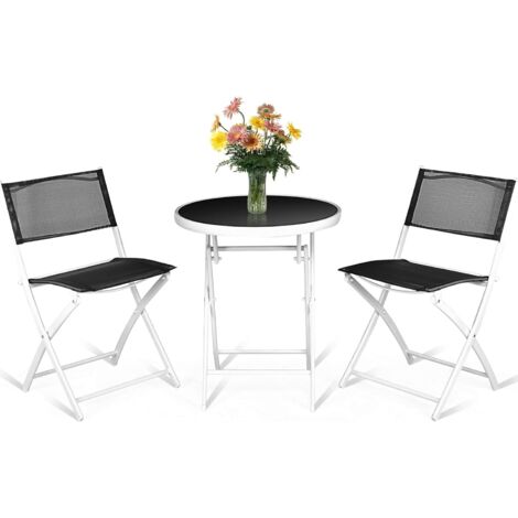RELAX4LIFE Salon de Jardin Bistro Pliable 2 Places, Table Jardin Exterieur en Verre Trempé avec Chaise Cadre en Acier pour Terrasse Patio Café(Noir + Blanc)