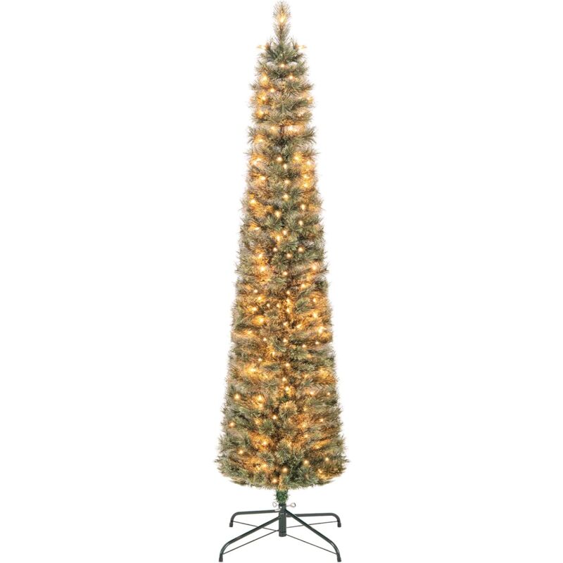 Relax4life - Sapin de Noël 180 cm avec Lumières, Arbre de Noël Mince avec Base en Métal, 235 Branches, Décoration de Noël