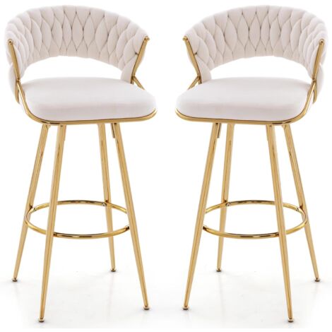 RELAX4LIFE Set 2 Sedie Bar in Velluto, Sgabello Bar Alto con Seduta Imbottita, Gambe in Metallo Oro, Seggiolone per Isola Centrale, Cucina, Sala da Pranzo, Seduta 73 CM, Portata 200 KG, Bianco