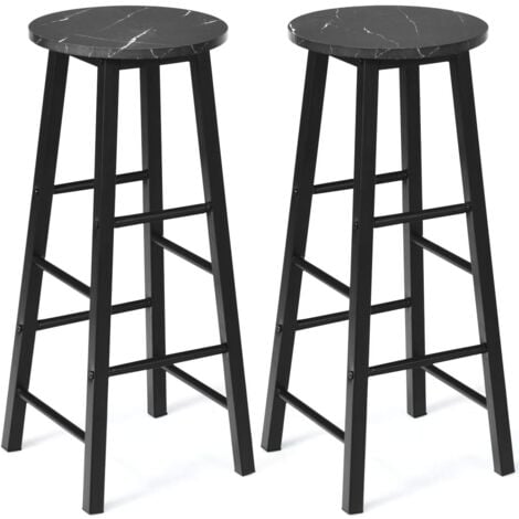 RELAX4LIFE Set di 2 Sgabelli da Bar, Sedie da Bar con Seduta Marmorizzata, Struttura In Metallo, Poggiapiedi, Sgabello da Bancone Rotondo, Per Cucina, Sala da Pranzo, Soggiorno (NERO)