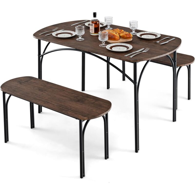 RELAX4LIFE Set di Tavolo da Pranzo a 3 Pezzi per 4 Persone, Tavolo da Cucina Rettangolare e 2 Panchine con Struttura in Metallo, Set Dinette