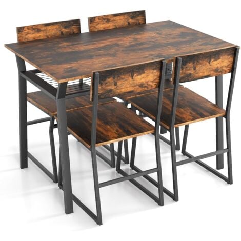 RELAX4LIFE Set Tavolo da Pranzo 5 Pezzi, con 4 Sedie, Struttura in Metallo, Ripiano Inferiore, Design Industriale, per Cucina, Sala da Pranzo (MARRONE)