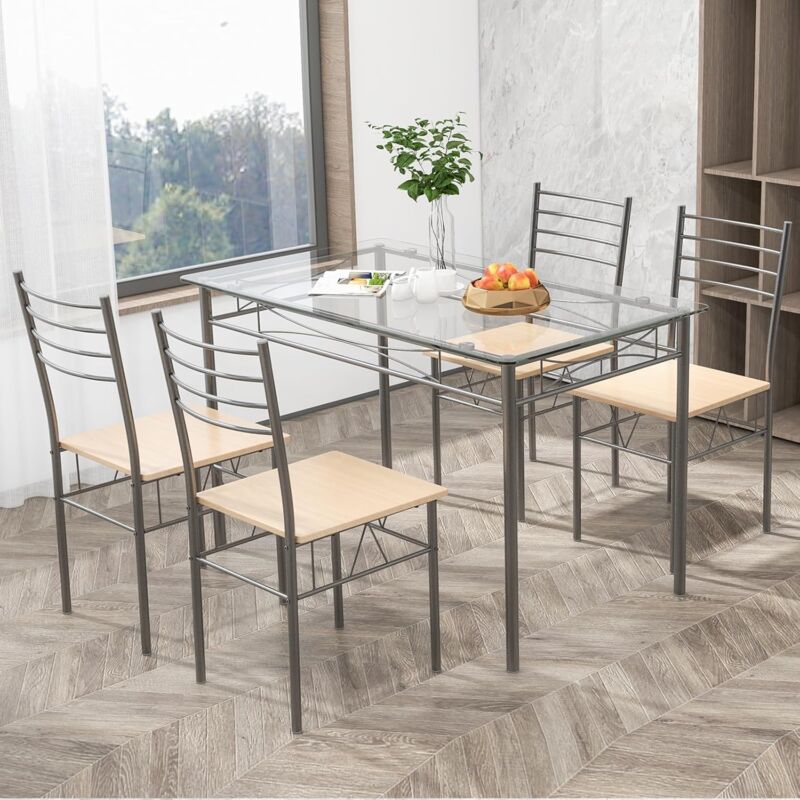 Relax4life - Set Tavolo da Pranzo con 4 Sedie con Schienale Alto, Tavolo da Pranzo in Vetro 107X70X76 cm con Struttura in Metallo, Stile Moderno per