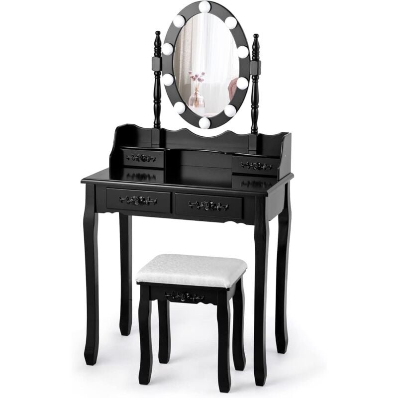 Relax4life - Ensemble Coiffeuse avec Tabouret et Miroir Pivotant à 360° et Amovible, 10 Lumières led à 3 Couleurs Réglables, Table de Maquillage avec