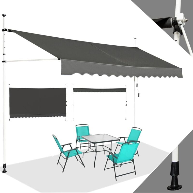 Relax4life - Store Banne Manuel Rétractable avec Hauteur Réglable 2M-3M, Montage sans Perçage, Manivelle Manuelle, Gris, 350 x 125 x (200-300) cm